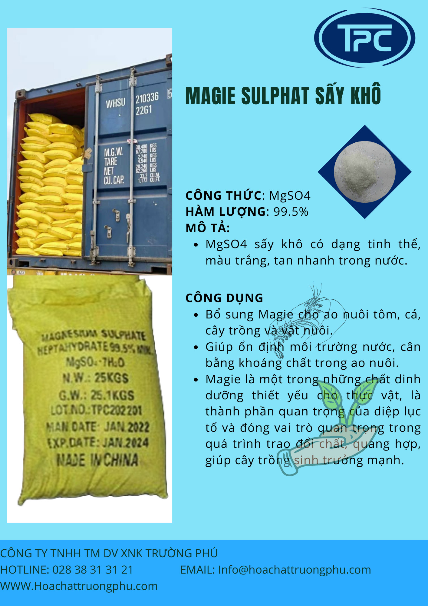 Magie Sulphate.7H2O dùng trong nuôi trồng thủy sản